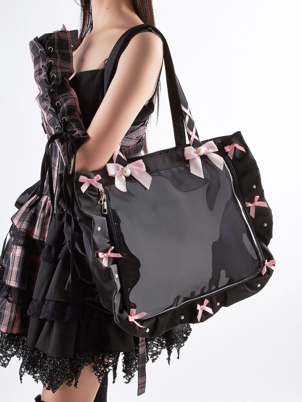 Gothic Lolita Clear Ita Bag | Coquette Black Canvas Tote with Pink Bows